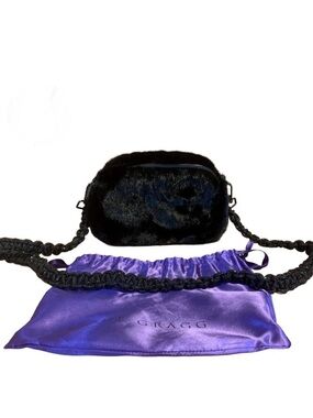 SUE GRAGG BLACK FAUX FUR CROSSBODY BAG WITH BEADED STRAP